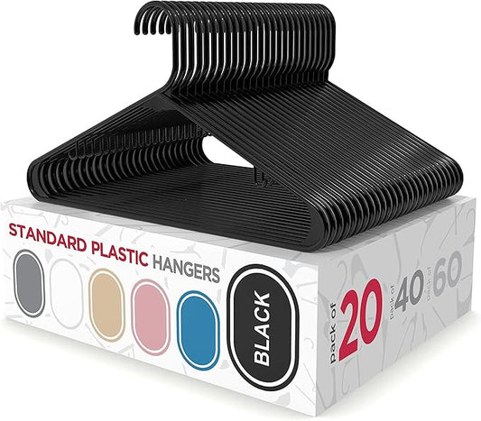 Sharpty Plastic Hangers Clothes Hangers for Clothing, Closet, Coats & Shirts - Durable, Thick, Tough & Space Saving - for Everyday Standard Use, Room Essentials & Basics - 20 Pack - Black