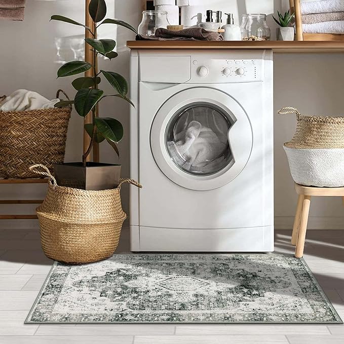 Moynesa Ultra-Thin Washable Area Rug - 2x3 Small Grey Front Door Rug Kitchen Mat, Non Slip Non Shedding Pet Friendly Bathroom Carpet for Office Laundry Powder Room Bedside Hardwood Floor