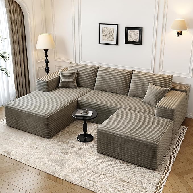 107.5" Cloud Modular Sectional Couch with 1 Ottoman,Modern Minimalist Upholstered Couches, Comfort U Shaped Sofa for Living Room,Deep Seat Corner Couch，No Assembly Required (Camel,Left Facing Chaise)