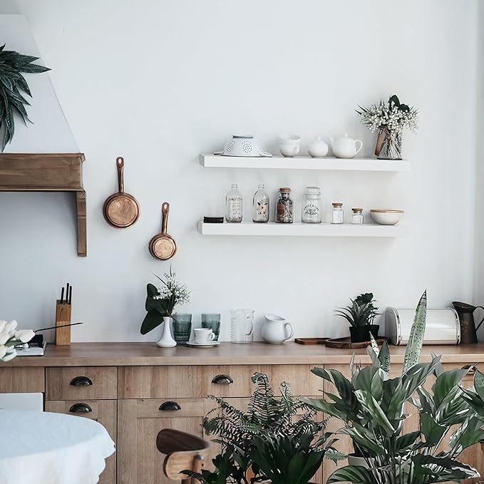 Colima Bathroom Floating Shelves for Wall, 36" Floating Wall Mounted Shelf, Rustic Wood Storage Hanging Shelf for Home Organization, Bathroom, Kitchen, Living Room (Set of 2, White)