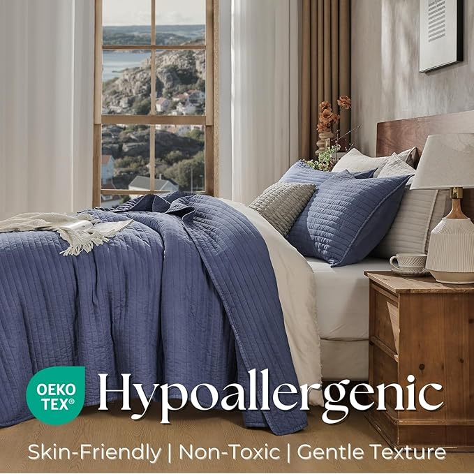 DOWN HOME King Quilt Bedding Set with Shams, Vintage Washed Soft Quilted Blanket Thin Comforter Lightweight Bedspread Coverlet Bed Cover, Brushed Microfiber Stripe Stitching, Vintage Denim, 104"x90"