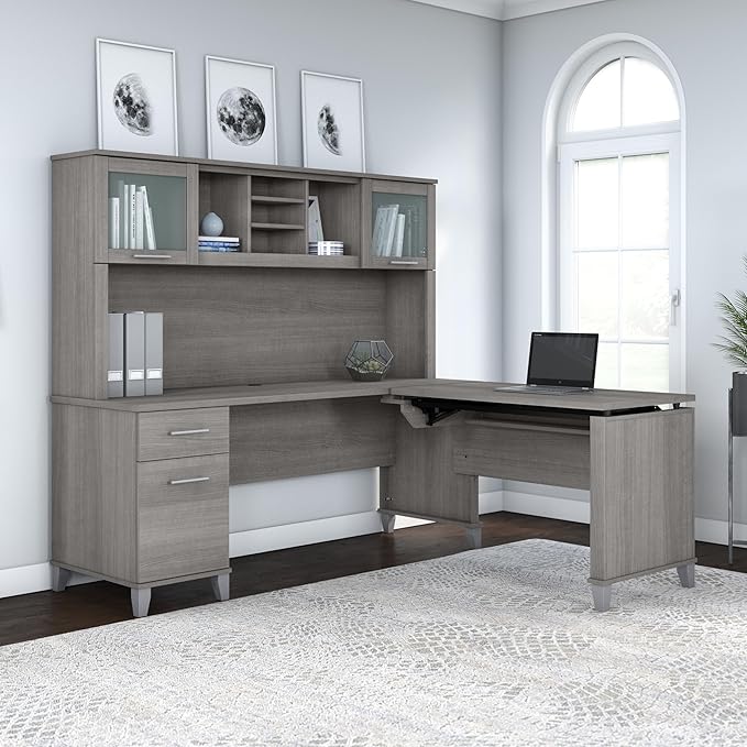 Bush Furniture Somerset 72W 3 Position Sit to Stand L Shaped Desk with Hutch in Platinum Gray | Adjustable Height Table for Office