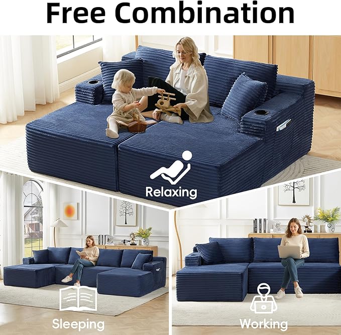 134 Inch Cloud Sectional Couch for Living Room,Corduroy Boneless Couches with Cup Holder,Modern Modular Sectional Sofa with Deep Seat,No Assembly Required (Blue, U-Shaped Sofa)