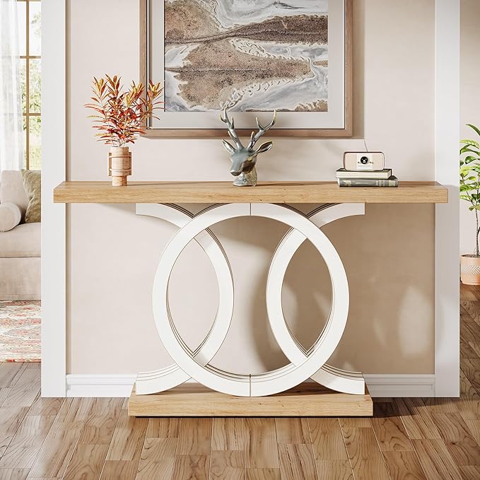 Tribesigns 55-Inch Console Table with Geometric Wood Base, Modern Entryway Table with Thick Tabletop for Living Room, Hallway, Foyer (White)
