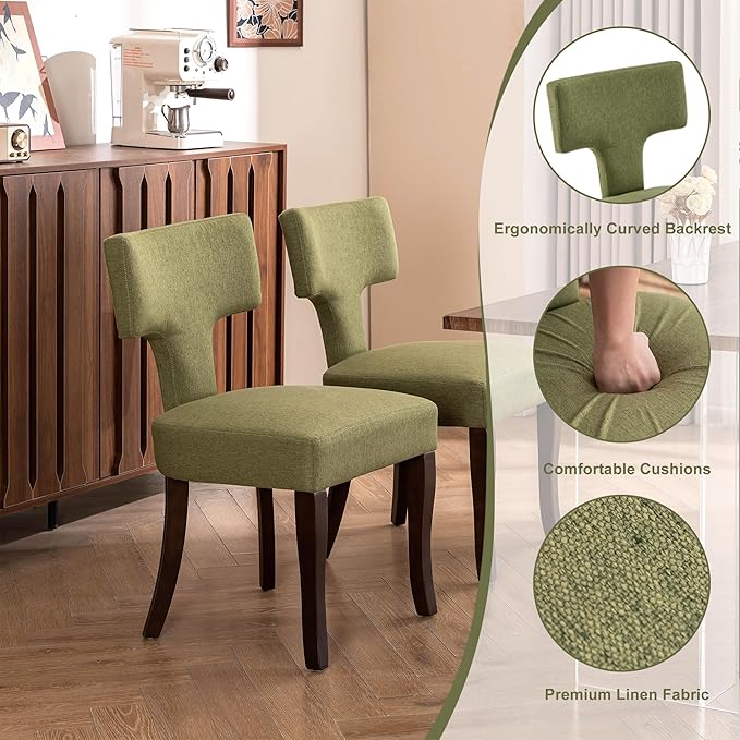 Mid Century Modern Dining Chairs Set of 2, Upholstered Side Dining Chairs with Curved Back Linen Fabric Armless Wood Chairs Kitchen & Dining Room Farmhouse Chairs (Green)