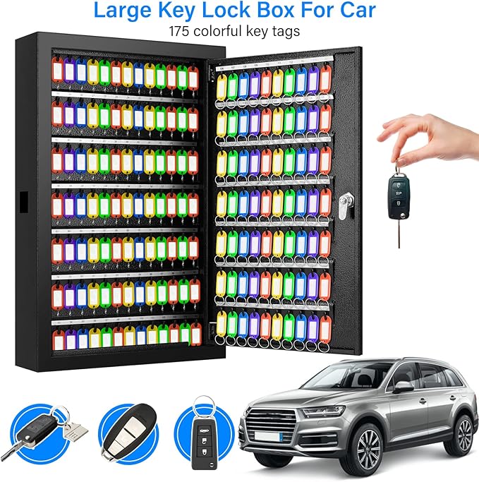 175 Keys Key Lock Box, Anti-Theft Key Cabinet with Key Tags, Key Organizer Wall Mount for Car Garage House Rental Office Business