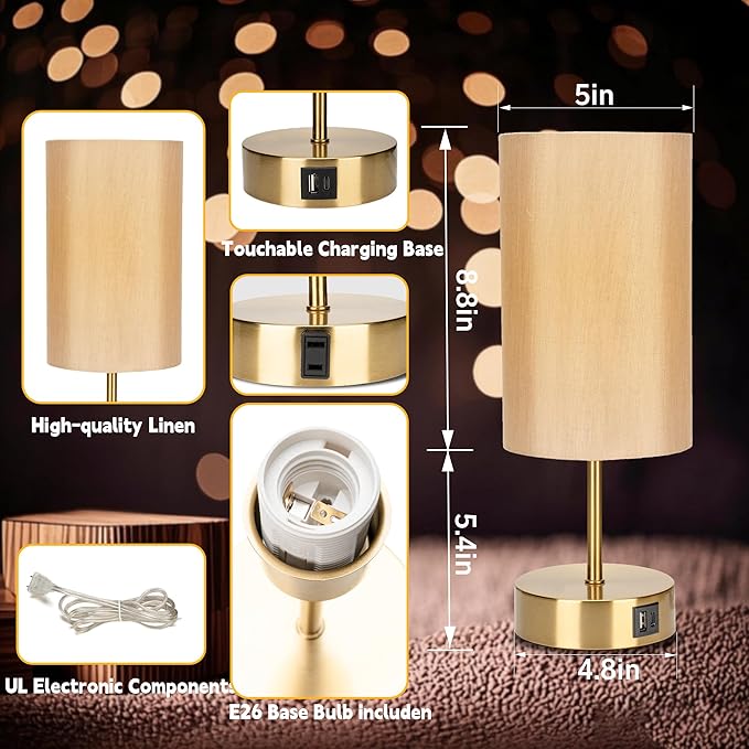 Bedside Table Lamp for Bedroom - 3 Way Dimmable Touch Lamp USB C Charging Ports and AC Outlet, Gold Base Round Flaxen Fabric Shade for Living Room, Desk, LED Bulb Included(Gold Touch Control)