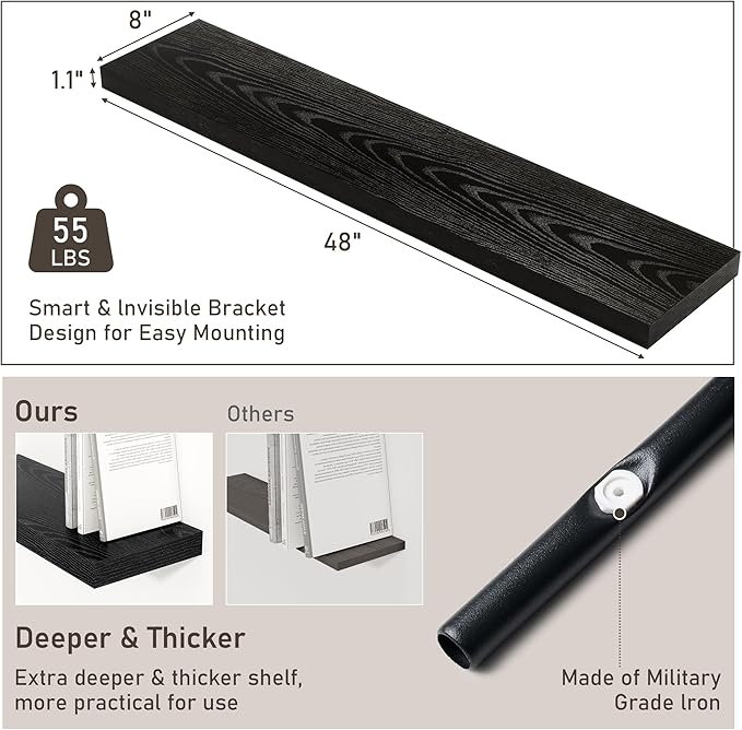 Fun Memories 48 Inch Floating Shelves for Wall 8 Inch Deep Black Shelves Set of 2, Wall Mounted Rustic Wood Long Floating Shelf, Large Display & Storage Shelf with Invisible Brackets