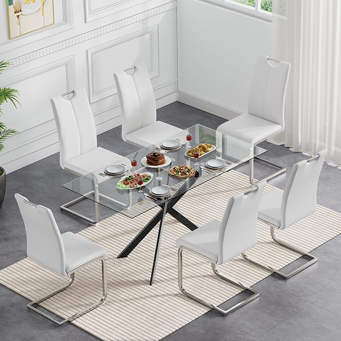 Modern Glass Dining Table Set for 6, Black Glass Kitchen Table and Chairs Set of 6, 7 Piece Dining Room Table Set with 61" Rectangular Metal Glass Dinner Table and 6 White Leather Dining Chairs