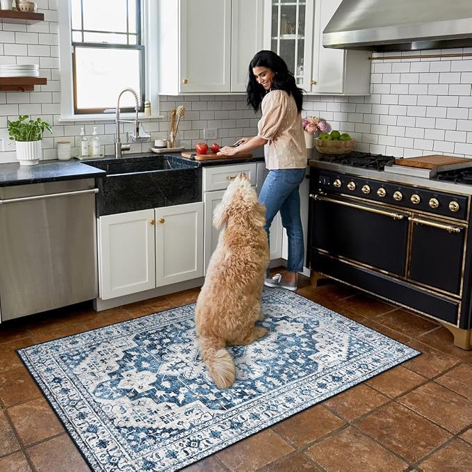 Moynesa Ultra-Thin Washable Area Rug - 3x5 Blue Kitchen Rugs Washable Rugs for Entryway Non Slip Front Door Mat, Non Shedding Low Pile Lightweight Indoor Carpet for Dorm Basement Foyer Living Room