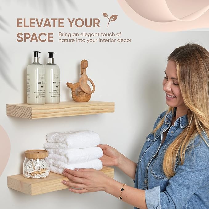 Homeforia Wood Floating Shelf 12 inch, High End Solid Natural Wood 12inch Floating Shelves for Wall Mounted, Unfinished Small Wooden Floating Shelves, Heavy Duty Bracket, 12 X 6.5 X 1.75 in, Set of 3