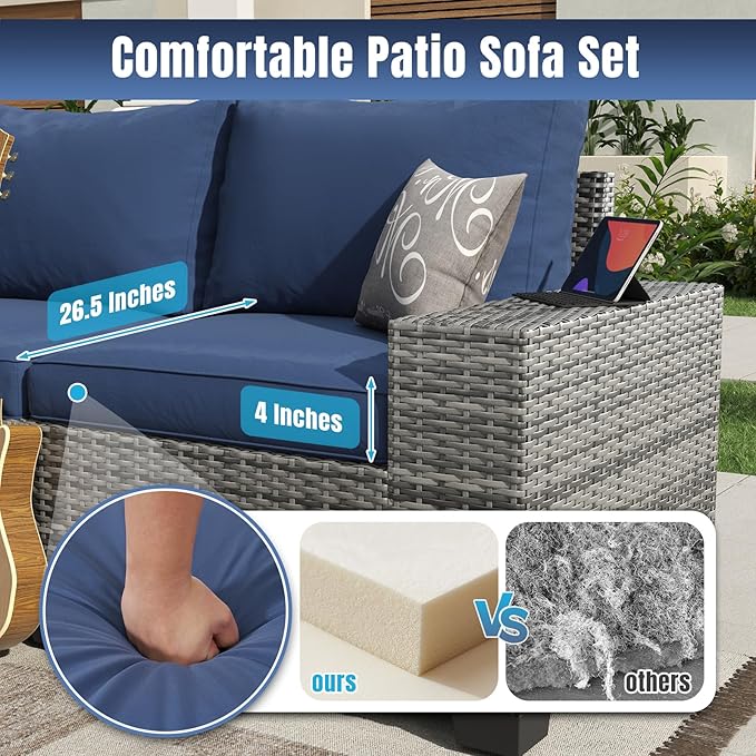 Aoxun 7 Pieces Patio Furniture Set with 44” Fire Pit Table Wicker Rattan Outdoor Sectional Conversation Set with Coffee Table and 4” Thickened Cushions, Gray/Blue(Waterproof Cover Included)