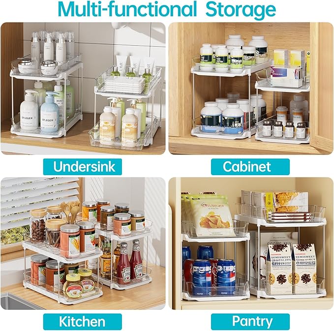 Delamu 4 Pack 2-Tier Bathroom Under Sink Organizers and Storage, Multi-Purpose Stackable Pantry Organization and Storage, Pull Out Clear Kitchen Bathroom Cabinet Organizer with Movable Dividers, White