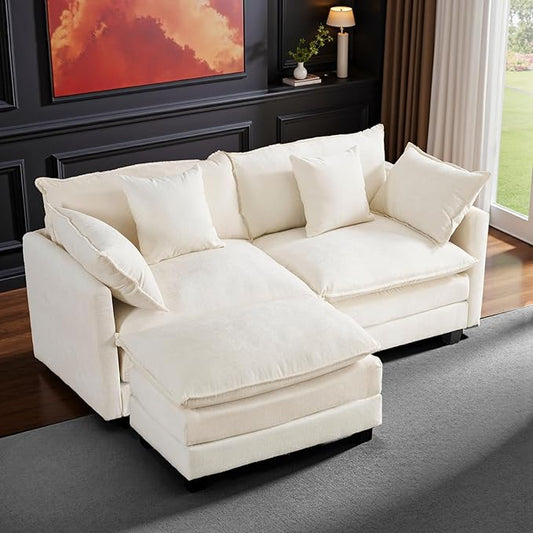 77" Cloud Chenille L-Shaped Sofa with Ottoman | Space-Saving Apartment Couch with 29.1" Deep Seat & Footrest | FSC Certified Solid Wood & Metal Frame | Easy Assembly & 1YR Guarantee