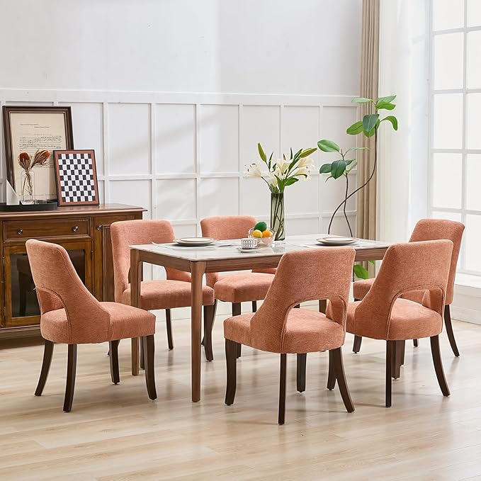 UVV Wooden Dining Chairs Set of 2, Mid Century Modern Upholstered Dining Room Chair Kitchen Chairs, Chenille Dinner Chair with Solid Wood Legs for Kitchen Dining Room, Orange-Chenille