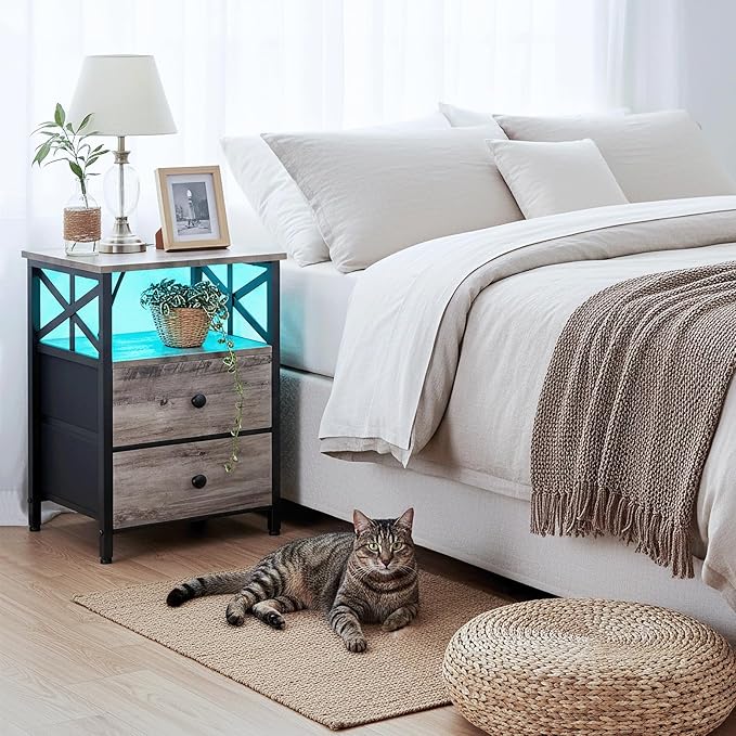 AMHANCIBLE Night Stand Set 2, LED Nightstand with Charging Station, End Tables Living Room with Fabric Drawers, Bedside Table for Bedroom, Greige, HET052LGY