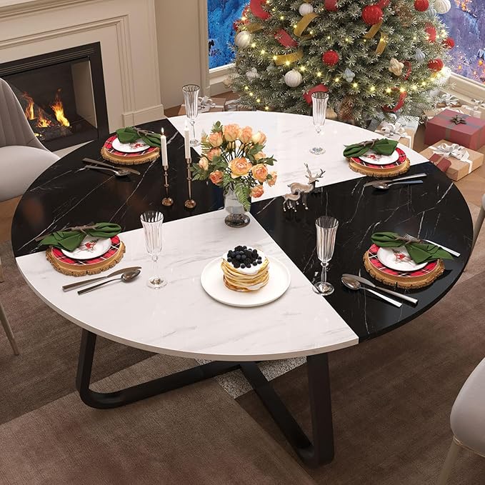 LVB Round Marble Dining Table for 4 Man, Modern 51-Inch Wood Dining Table,Farmhouse Large Kitchen Table with Metal Legs for Living Room, Home, Apartment,Black and White Marble