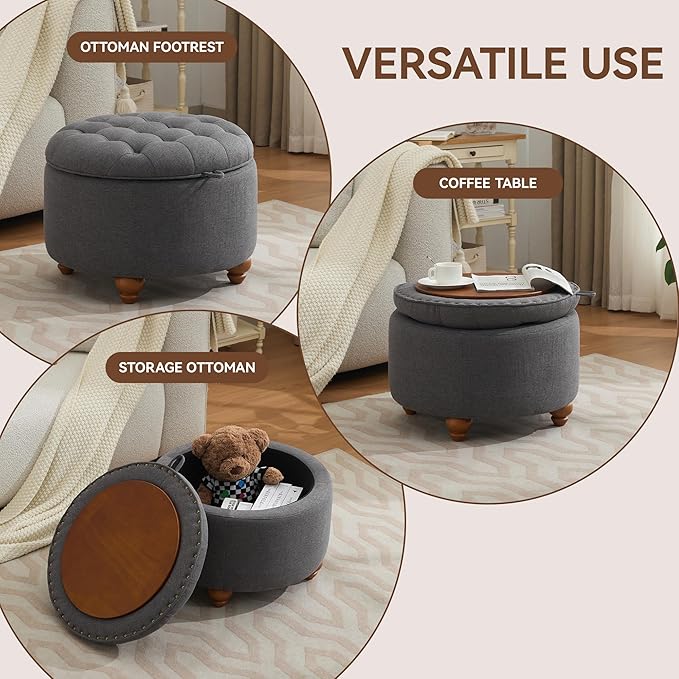 24Inch Round Storage Ottoman with Tray, Modern Tufted Fabric Circle Coffee Table with Storage, Upholstered Ottoman with Removable Top for Living Room, Bedroom, Dark Grey