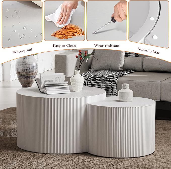 Modern Drum Coffee Table Set of 2 Stylish Minimalism Wave Stripe Fluted Nesting End Table - No Assemble, for Small Space (C-27.6IN+19.7IN)