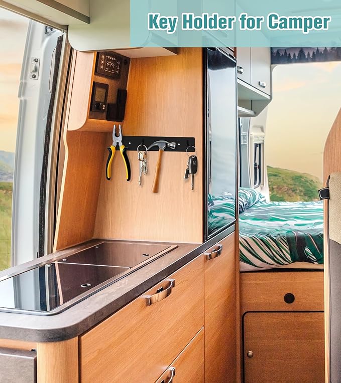 RELBRO Key Holder Wall Mount, Large Metal Self Adhesive Key Rack with 4 Hooks, 2 Installation Options, Black