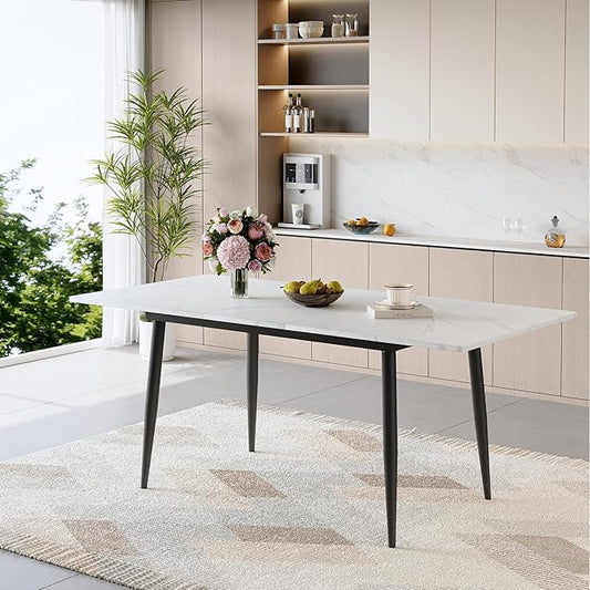 59"-75" White Extendable Dining Table for 6–8, Modern Rectangular Kitchen Dining Table with Black Metal Legs, Durable MDF Top, Space-Saving Expandable Dinner Table for Dining Room or Apartment