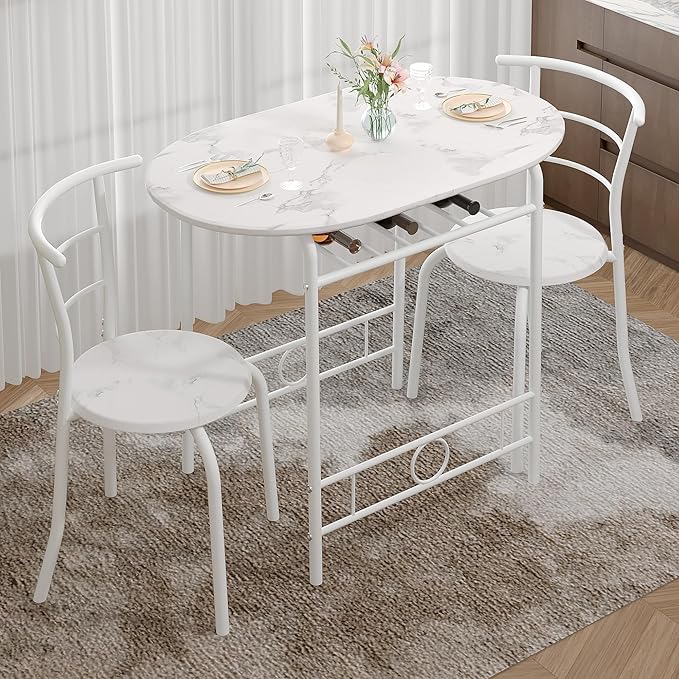VECELO 3-Piece Dining Table Set for Kitchen Breakfast Nook, Faux Marbled Oval Tabletop and Metal Frame with Built-in Wine Rack, for Small Spaces, White