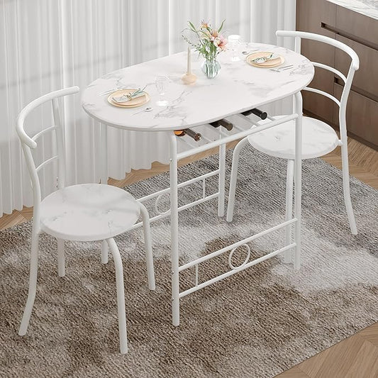 VECELO 3-Piece Dining Table Set for Kitchen Breakfast Nook, Faux Marbled Oval Tabletop and Metal Frame with Built-in Wine Rack, for Small Spaces, White