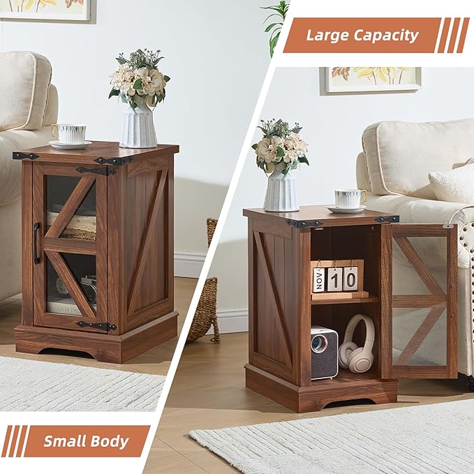 Farmhouse Coffee Table Sets 3 Pieces, Narrow Night Stand with Glass Barn Door Storage, Large Coffee Tables with Hidden Storage Organizer, Wood Furniture Sets for Living Room, Office, Brown