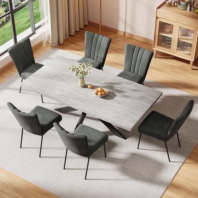 ZckyCine 6-Piece Extendable Dining Table Set, Modern 51''–67'' Grey Wood Table with 6 Black Fabric Chairs, Dining Room Table and Chairs for 6, Ideal for Kitchen or Dining Room