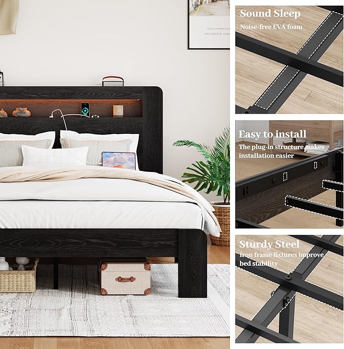 Wood King Size Bed Frame with Headboard, Farmhouse Platform Bed Frame with Bookcase Shelf,LED Lights,Charging Station,Heavy Duty Supports,No Box Spring Needed,Dark Black