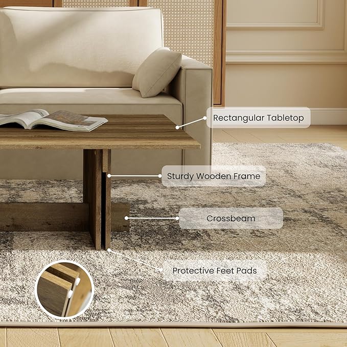 47 Inch Modern Farmhouse Coffee Table, Large Rectangular Wood Center Table with Cross Base for Living Room, Rustic Industrial Cocktail Table, Oak