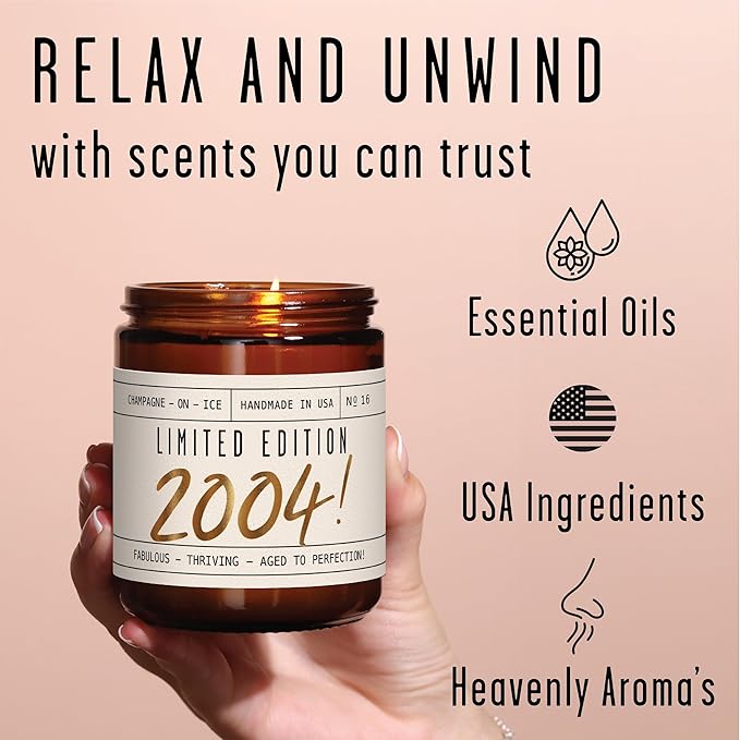 Soy and Sass 21st Birthday Jar Candle - 'Limited Edition 2004' Champagne on Ice Scent, 9oz Reusable Jar, 50Hr Burn, Made in USA