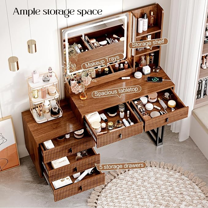 Large Vanity Desk with 3 Color Touch Screen Dimming Mirror, Vanity Desk with Charging Station, Modern Retractable Makeup Dressing Table, Makeup Table With storage shelves and 5 Sliding Drawers, Walnut