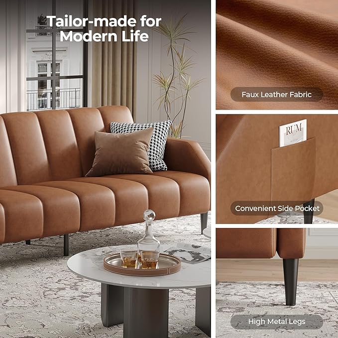 Fadware Faux Leather Couch, Convertible Futon Sofa Bed with Adjustable Backrest, Mid Century Leather Sofa Loveseat with Side Pockets& Metal Leg, Modern Leather Sleeper Sofa for Living Room Bedroom