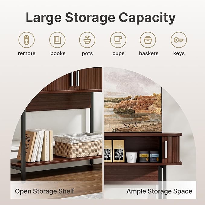 40" Mid Century Modern Entryway Table, Ultra Slim Fluted Console Table with Storage & Sliding Doors, Modern Round Corner Sofa Table, Wooden Entry Table for Living Room, Hallway, Walnut