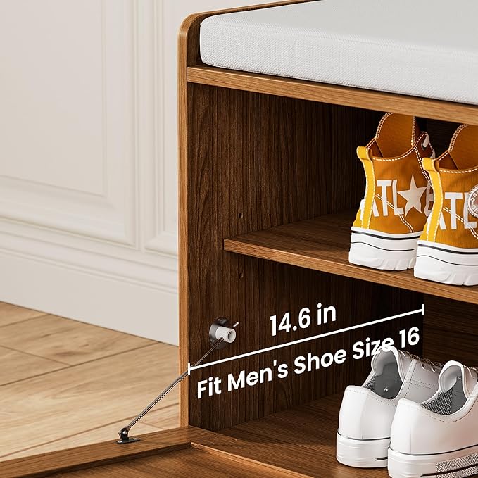 MHOM Rattan Shoe Bench for Entryway, Hallway and Bedroom - Boho Bench with Storage Cabinets and Seat Cushion - Wooden Storage Bench Fits up to Size 16, Brown