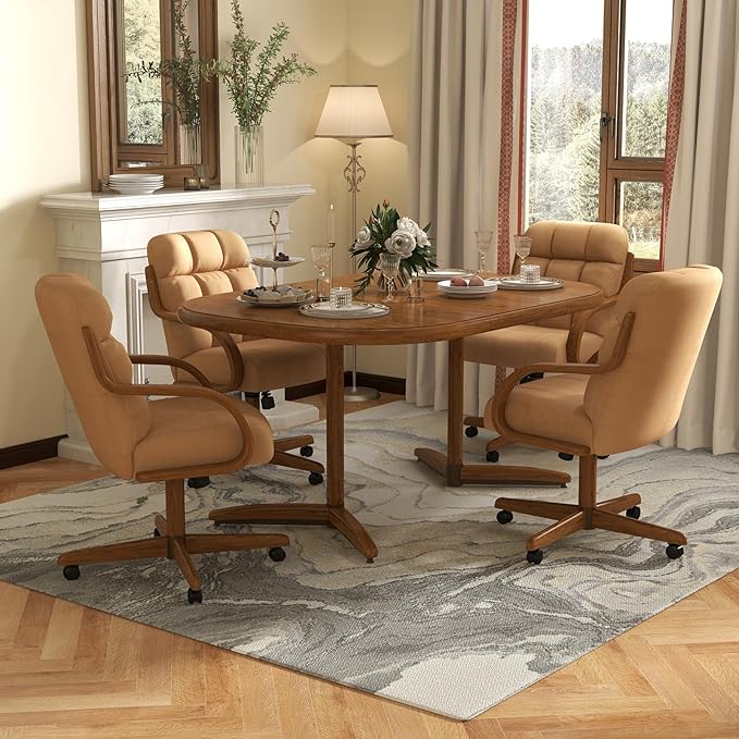 Chromcraft Douglas Set of 1 Casual Dining Chair Caster Swivel Tilt Fabric Dinning Chair Ultra Comfortable Sturdy Kitchen Chair with Rolling Wheels for Home Kitchen(Light Brown-Chestnut)