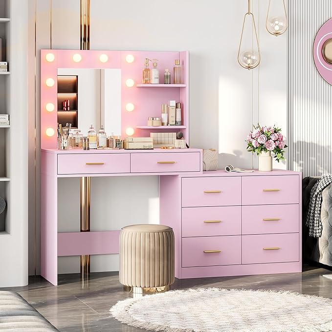 61" Vanity Desk with Mirror & Lights, White Makeup Dressing Table with 8 Drawers & 2 Shelves, 3 Lighting Modes with Adjustable Brightness for Bedroom, Pink