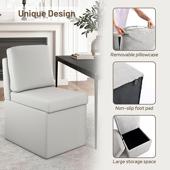 VKNOW Upholstered Dining Chairs Set of 4, Modern Kitchen Chairs with Storage, Linen Armchair Dining Room Chair for Kitchen Dining Room Office Bedroom, Light Grey