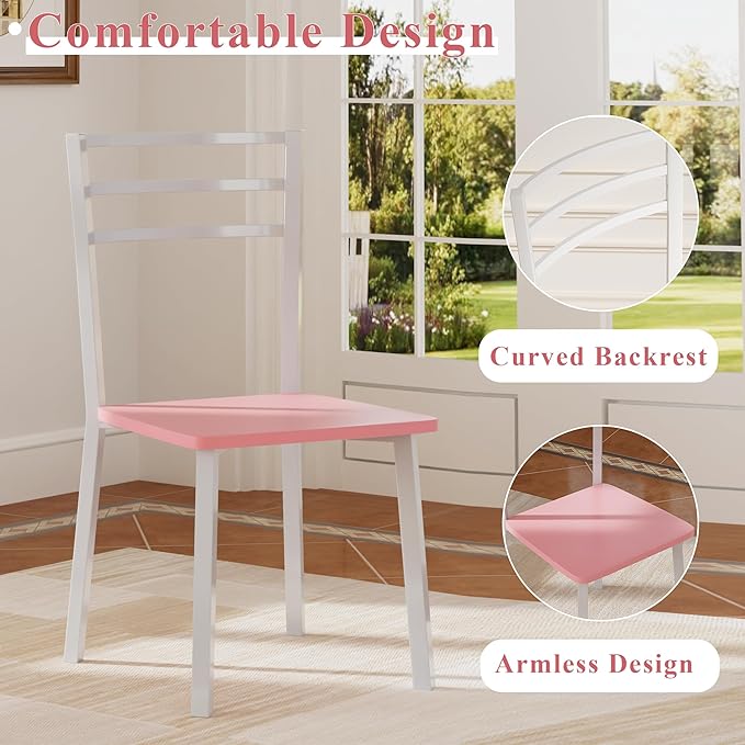 VECELO Small Round Dining Table Set for 2, Wood Tabletop with Strong Metal Frame, Modern Dinette with Chairs for Kitchen, Breakfast Nook Living Room, Pink & White