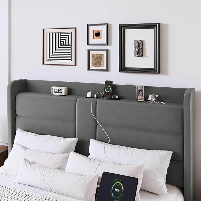 Allewie Full Size Platform Bed Frame with Charging Station & Storage Headboard, Upholstered Velvet Wingback Design & USB Port, Strong Wooden Slats Support, No Box Spring Needed, Easy Assembly, Grey