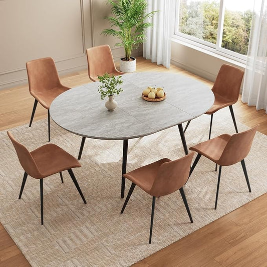 43.3"-59.1" Extendable Round Dining Table Set, Round Table for 6 Person with Scratch-Resistant Thickened MDF Board, Gray Coffee Table w/Metal Legs
