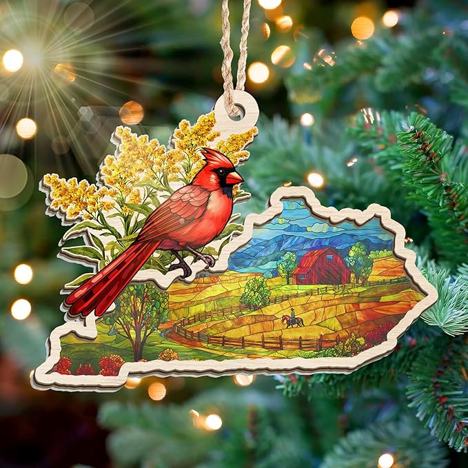 FLAGWIX Christmas Kentucky Gifts for Women Men - Suncatcher Ornaments 2025 for Xmas Decorations - Kentucky Ornament Christmas Decorations, Goldenrod Flowers and Northern Cardinal Xmas Ornaments Gifts