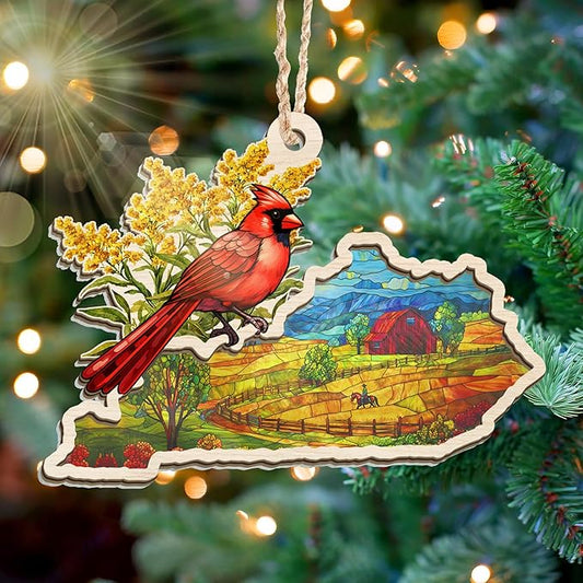 FLAGWIX Christmas Kentucky Gifts for Women Men - Suncatcher Ornaments 2025 for Xmas Decorations - Kentucky Ornament Christmas Decorations, Goldenrod Flowers and Northern Cardinal Xmas Ornaments Gifts