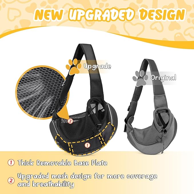 Detachable Hard Bottom Dog Sling for Small Dogs & Cats Up to 10 lbs- Upgraded Breathable Mesh, Adjustable Strap & Large Pocket - Hands-Free Pet Carrier for Travel Walking Hiking (Black Size S)