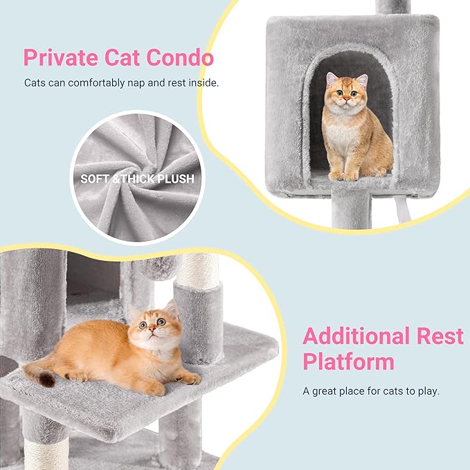 Allewie 29 Inches Cat Tree Tower/Plush Perches Platform/Condo/House/Sisal Scratching Posts/Multi-Level Activity Center Furniture for Kittens/Grey
