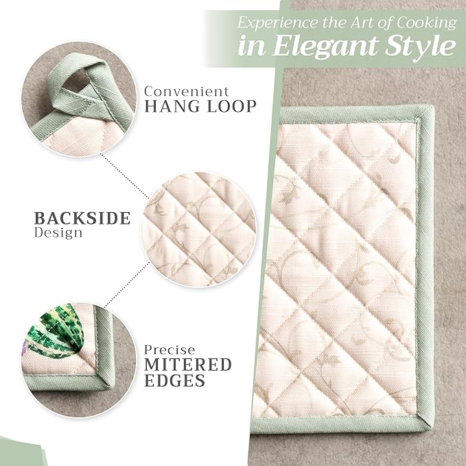 Maison d' Hermine 100% Cotton Oven Mitt & Pot Holder Set (7.5"x13" & 8"x8") Heat Resistant BBQ Cooking Gloves with Loop for Thanksgiving Christmas Decorations Handling Hot Pans (Lumina)