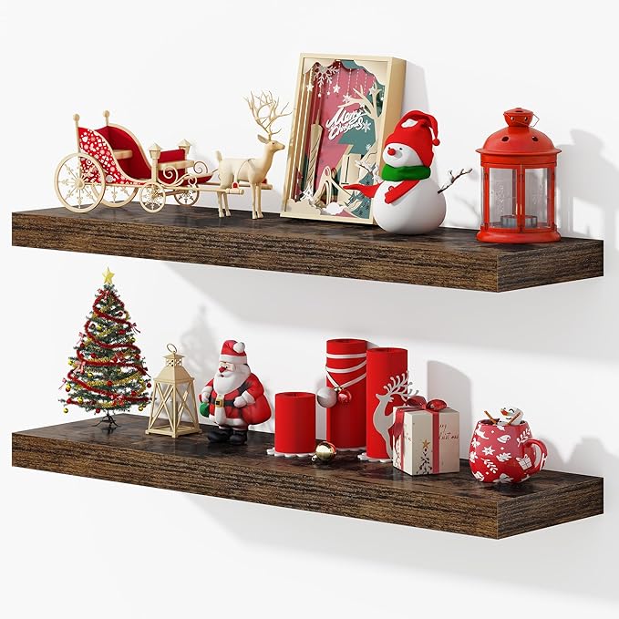 Dreamland 36 Inches Floating Shelves for Wall, 9.3" Deep Long Floating Shelves Set of 2, Large Display & Storage Shelf, Wall Shelf for Bathroom Bedroom Living Room Kitchen Office, Rustic Brown