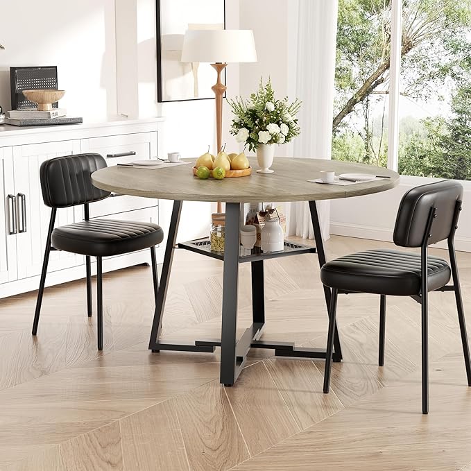 Round Dining Table for 2-4 People,42 Inch Dining Room Table,Modern Circle Kitchen Table with Storage Shelf and Metal Legs for Dining Room,Kitchen,Grey (Table Only)