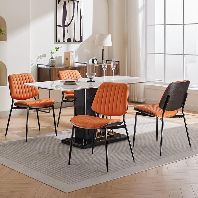 Dining Chairs Set of 8, Mid Century Modern Accent Dining Room and Kitchen Chairs, Upholstered PU Leather Vertical Stripe Chairs for Vanity with Walnut Bentwood and Metal Legs, Orange